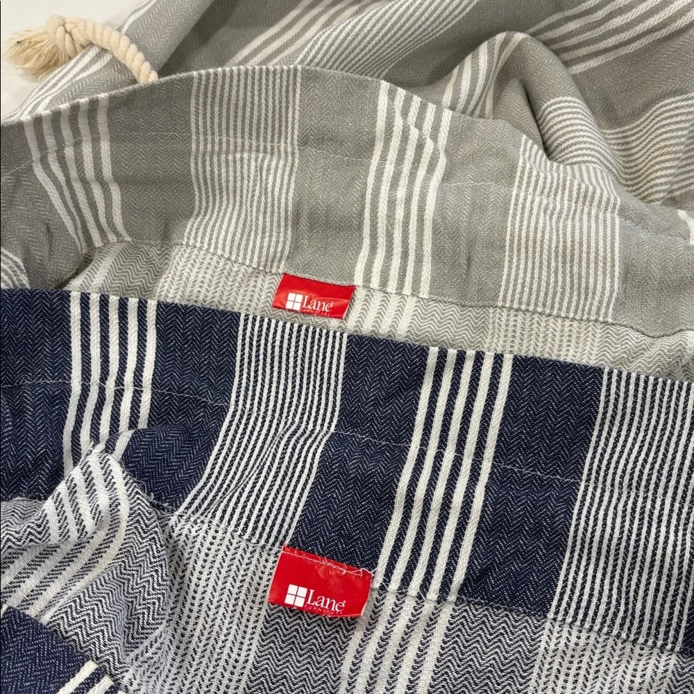 Set of 2 Striped Cotton Canvas Large Laundry Bags - Navy Blue, Grey, White